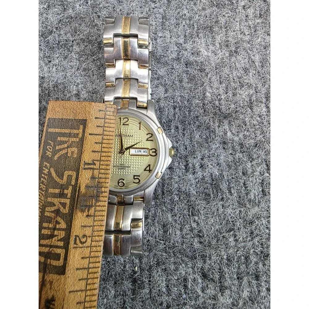 Waltham Two-Tone Day-Date Quartz Watch 100ft Water Resistant Stainless As Is